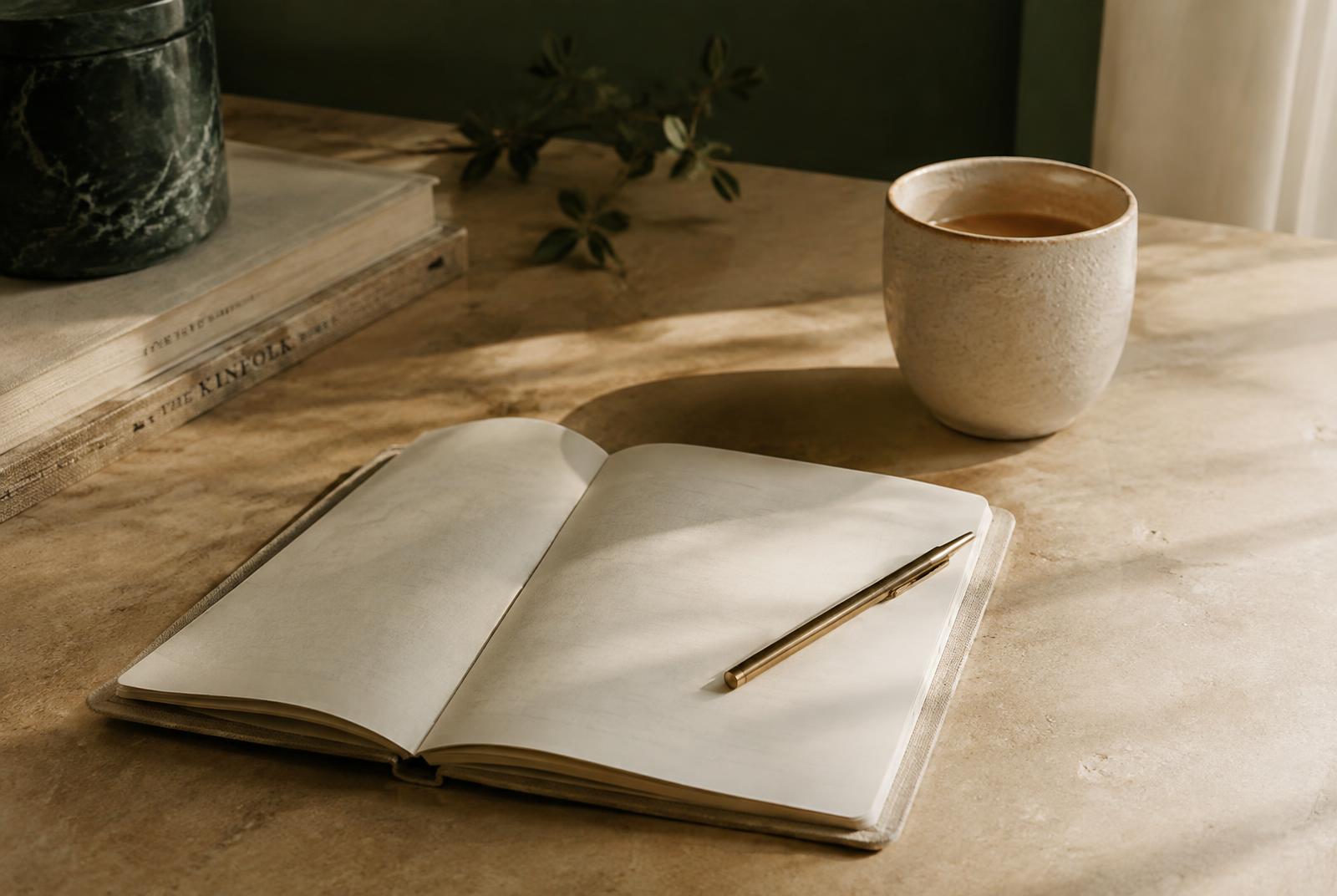 Mesa elegante com caderno aberto e café